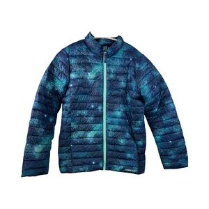 Girls Youth Lands End Puffer Coat Size XL (14/16) Galaxy Print Blues & Greens